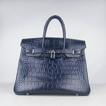Hermes Birkin 35Cm Crocodile Big Stripe Handbags Dark Blue Silve